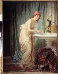 Orientalisme ""Morgentoalettet"" ung kvinne kun kledd i et laken forfrisker seg ved fontenen. Maleri av Feodor Andreyevich Bronnikov (1827-1902) Statens kunstmuseum i Dagestan-republikken, Makhachkala, Russland