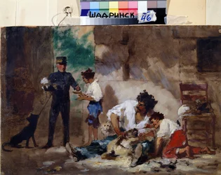 Hundefrisør i Napoli (Italia) (Hundefrisør i Napoli). Verk av Feodor Andreyevich Bronnikov (1827-1902). Olje på papp, 33 x 50 cm, russisk kunst. Museum for regionale studier, Shadrinsk (Russland).