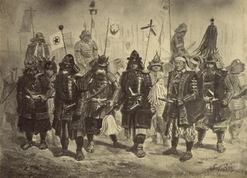 Fotografisk kopi av en tegning av japanske krigere av Charles Wirgman