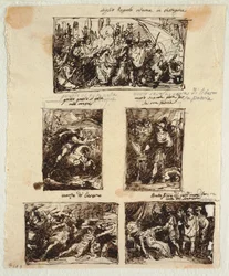Design for forskjellige dekorasjoner, inkludert Coriolanus ved Romas murer