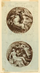 Tegning, En vinget seier ridende på en vogn; En vinget seier kroner Minerva; to rundeller, ca. 1805