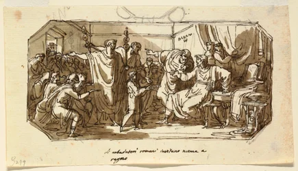 Tegning, takdesign: Romersk ambassadør ber Sabine Numa Pompilius om å regjere over Roma, Numa Pompilius#39; hall, Palazzo Milzetti, Faenza, 1802–05