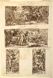 Fire tegninger av myten om Apollo; Dekorasjon av en vegg over en mantel, Sala di Apollo, Palazzo Cavina, Faenza