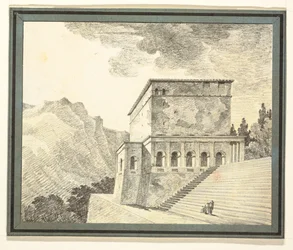 Imaginært klassisk tempel i fjellene