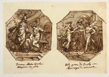 Juno Suckling Hercules, Hebe gifter seg med Hercules med hjelp av Minerva, designet for Sala di Ercole e Ebe, Palazzo Gaddi, Forli.