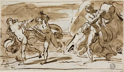 Polyphemus kaster steinblokker på den flyktende Aeis og Galatea (recto); Polyphemus Playing His Reed Pipes for Galatea (verso)