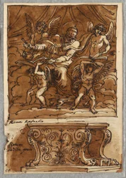 Pave Gregorio VII og fire engler, studie etter Raphael "Personer av pavedømmet"; Antik benk