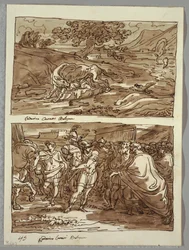Romulus og Remus die ulven; Romulus dedikerer til Jove Feretrius byttet til den erobrede kong Acronius, to studier etter Carracci