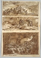 Skissebokside, Folio 95: Tre malerier etter Giulio Romano; Verso: Løve og ørn