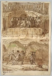Skissebokside, Folio 98: To malerier etter Caravaggio og Raphael; Verso: Ørn og okse