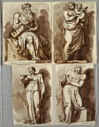 Studier etter fire statuer på graven til Julius II, etter Michelangelo: Moses; Madonna og barn; Leah, Dyd; Rachel, religion
