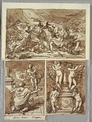 Kampen mellom romerne og sabinerne; Åpenbaring av Romulus til Proculus, to studier etter Carracci; Kandelaber