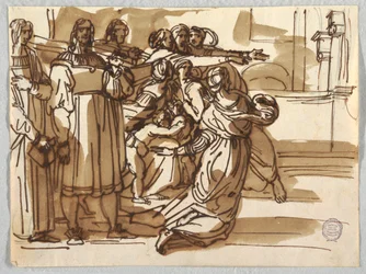 Prelaten og avføringsbærerne og kvinnene i nærheten av dem i "Expulsion of Heliodorus" etter Raphael Sanzio