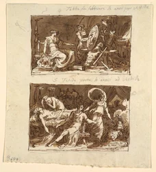 Thetis i verkstedet til Hefaistos; Thetis viser rustningen til Achilles: To design for takpaneler i Galeria d