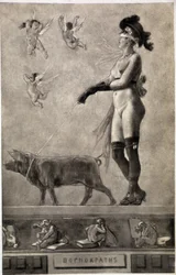 Pornokrates (naken kvinne, med bind for øynene, omgitt av engler og med en gris i bånd) - tegning av Félicien Rops (1833-1898)