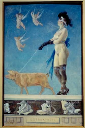 Pornokrater. En naken kvinne i strømper med bind for øynene blir trukket av en gris hun holder i bånd - Pornografisk maleri av Felicien Rops (1833-1898) Ec Belg