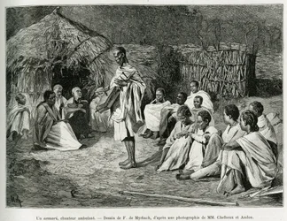 En asmari, en vandrende sanger. Gravering av F.De Myrbach, etter et fotografi, for å illustrere historien Voyage au Choa (Abyssinie meridionale), i 1884-1888, av Henry Audon, i le tour du monde 1889, regissert av Edouard Charton (1807-1890), Hachette , Par
