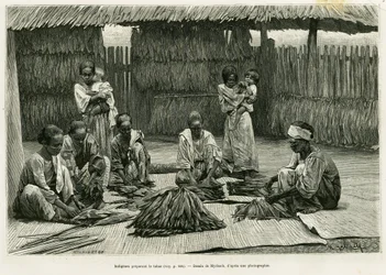 Urfolk som lager tobakk. Gravering av Myrbach for å illustrere historien Lucon og Palaouan, seks år på Filippinene, av Alfred Marche (1844-1898), i le tour du monde 1886, regissert av Edouard Charton (1807-1890), Hachette, Paris.