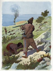 Robinson Crusoe dreper villmennene som jager fredag.