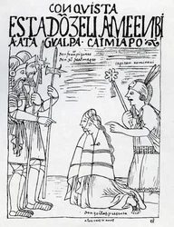 Kaptein Ruminavi presenterer Francisco Pizarro og Diego de Almagro med to kvinner