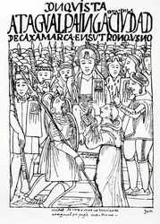 Diego de Almagro, Francisco Pizarro og bror Vicente de Valverde knelende foran inkaen Atahualpa i Cajamarca