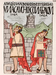 Blekktegning fra manuskriptet "" New Chronicle and Good Government"" av Don Felipe Puma de Ayala som illustrerer inkaenes liv, rundt 1587 Lima, National Museum of Anthropology, Arqueo
