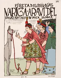 Inca Empire: The Sacrifice of a Lama on the Occasion of an Inca Rite - Blekktegning fra manuskriptet "" New Crown and Good Government"" av Don Felipe Puma de Ayala som illustrerer inkaenes liv, ca. 1587 Lima, National Museum of Antropologi, Arch