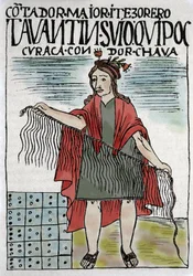 Quipu (Quipo Quipou), inkaenes regnskapssystem med tau og knuter, inkakultur 1400-1532 e.Kr., manuskript av Felipe Guaman Puma de Ayala (Nueva Coronica y buen Gobierno), indiansk kronikør fra 1500-tallet.