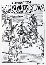 Sebastian de Benalcazar og Hernando Pizarro konfronterer Atahualpa Inca ved Royal Baths i Cajamarca (tresnitt)