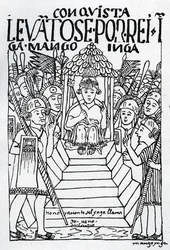 Den nykronede Manco Inca på tronen i Cuzco (tresnitt)
