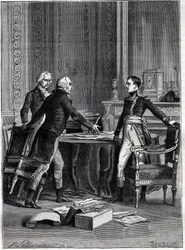 Første behandling av de tre konsulene i Peer-Luxembourg - Napoleon Bonaparte, Emmanuel Joseph Sieyes og Pierre Roger-Ducos 1799 - Gravering av Barbant, etter Philippoteaux - Første konsulat, 24. Frimaire VIII (15. desember 1799), første møte i første