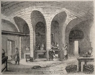 Paris - Prison de la petite Roquette (fengsel for kvinner og tenåringer) - Les Cuisines - Gravering av etter Felix Thorigny - i Le Monde Illustre fra juli 1865