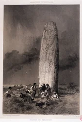 Bønder rundt menhiren til Kergadiou (Finistere) - i "" La Bretagne contemporaine"", ill. av Felix Benoist, red. Charpentier, Paris