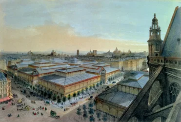 Utsikt over Les Halles i Paris sett fra Saint-Eustaches øvre galleri, ca. 1870-80