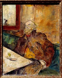 Portrett av Paul Verlaine (1844 - 1896), fransk poet, sittende i baren foran et glass absint. Maleri tilskrevet Felix Vallotton (1865-1925)