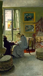 Kvinne som skriver i et interiør, 1904