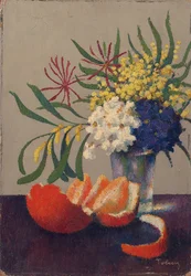 Stilleben med blomster og en appelsin (olje på papp)
