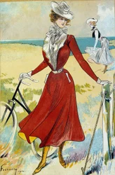 Fashion Belle Epoque: "" Den sporty"" Antrekk til ung kvinnelig syklist. Illustrasjon av Felix Fournery (1865-1938) Paris fra det 20. århundre, dekorativ kunst
