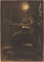 Kvinne leser av Lamplight, 1879.
