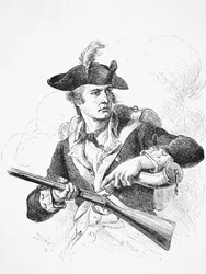 En amerikansk soldat, under uavhengighetskrigen, brukte pulverhornet sitt til å prime pannen på flintlåsmusketten hans, gravert av A. Bollett (gravering)
