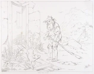 (Rip Van Winkle, illustrasjon) Rip vender tilbake til huset sitt i ruiner