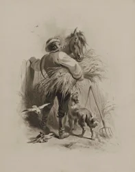 Bonde med hest, hund og duer