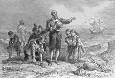 Landing of the Pilgrims, 1620, gravert av A. Bollett, fra 