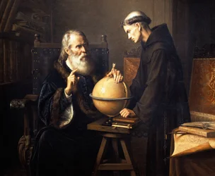 Portrett av Galileo Galilei (1564-1642) som forklarer teoriene hans ved Padua University