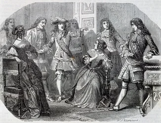Arrestasjon av Nicolas Fouquet-superintendent for finans, gravering av Henri Felix Emmanuel Philippoteaux (1815-1884) fra Vicomte av Bragelonne, av Alexandre Dumas (1802-1870)