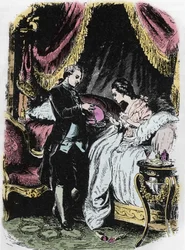 Dronningens brennevin inspirerer halskjedet. Tegning av Felix Philippoteaux (1815-1884) for Alexandre Dumas sin «Dronningens halskjede».
