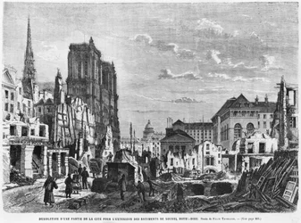 Paris, riving av en del av Cite for å utvide bygningene til det nye Hotel-Dieu, gravert av Charles Barbant (d.1922)