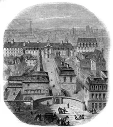 Utsikt over Gobelins billedvevfabrikk i Paris, med Capuchins-klosteret, observatoriet og slottet til dronning Blanche. Gravering av Thorigny