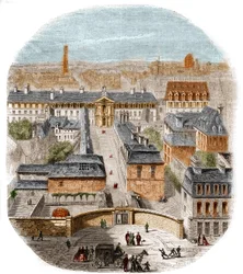 Utsikt over Gobelins billedvevfabrikk i Paris, med Capuchins-klosteret, observatoriet og slottet til dronning Blanche. Gravering av Thorigny