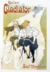 Sykkelpar jaget av en konstabel - Reklame for gladiatorsykler, av Misti, v.1895